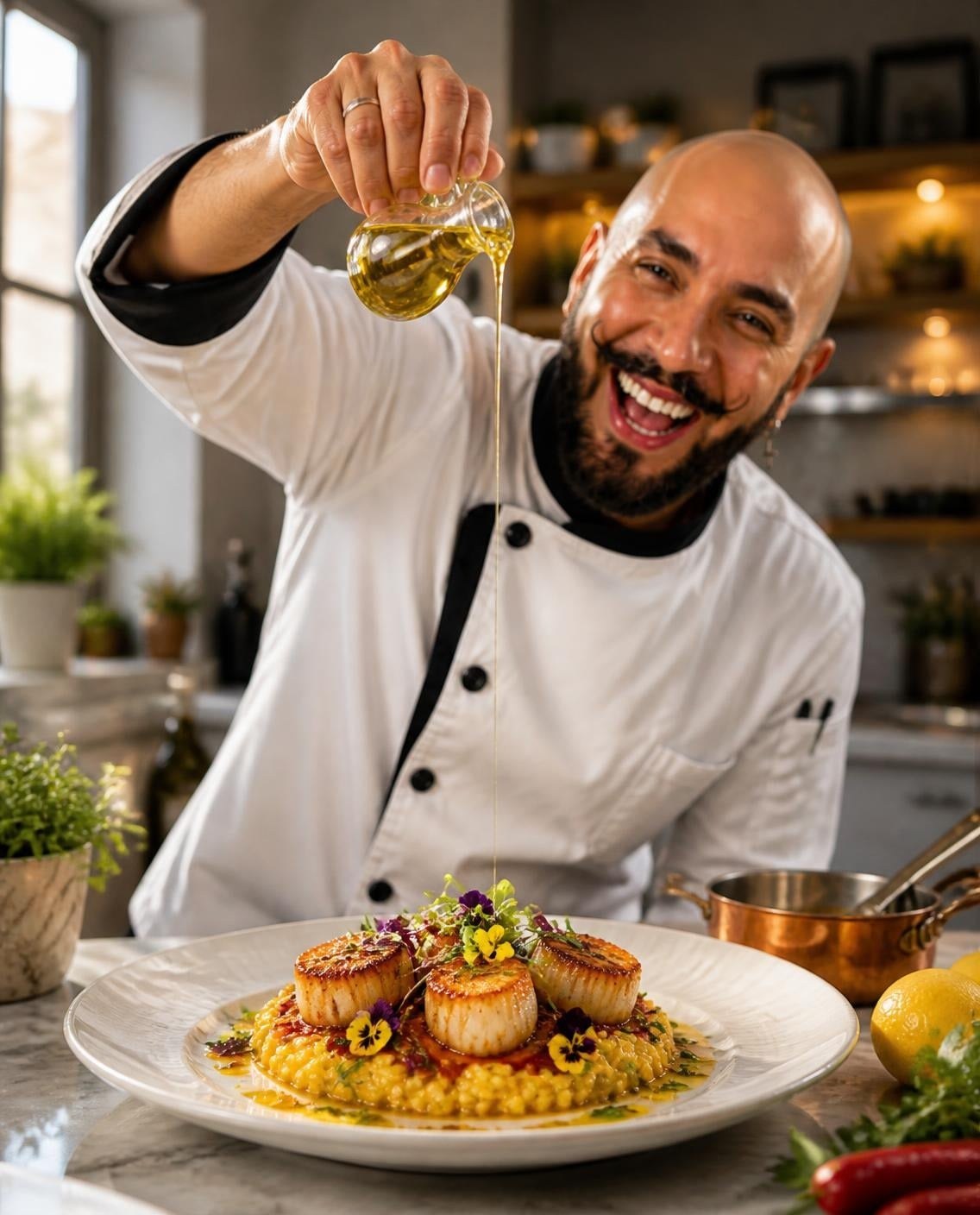 Chef Luigi finishing seared scallops on saffron risotto with olive oil