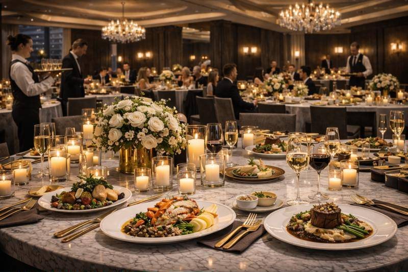 Grand candlelit event with served tables