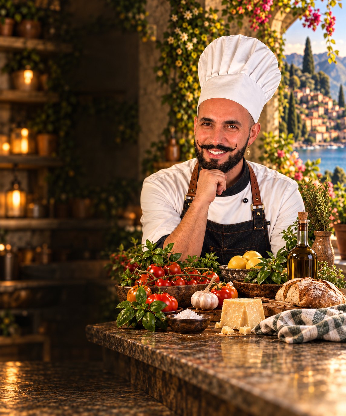 Chef Luigi smiling at his Tuscan kitchen counter