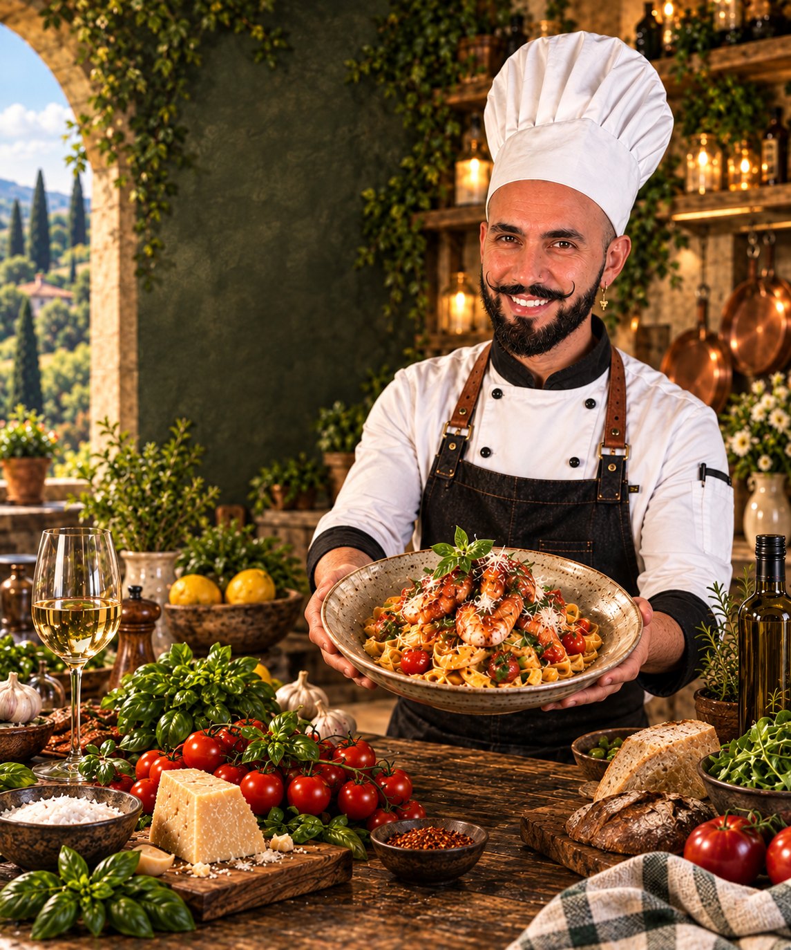 Chef Luigi presenting a bowl of prawn pasta in a sunlit Tuscan kitchen