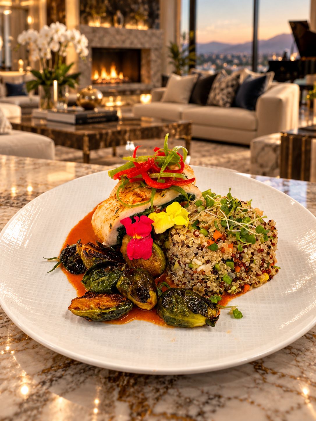 Chicken roulade, roasted Brussels sprouts and herbed quinoa