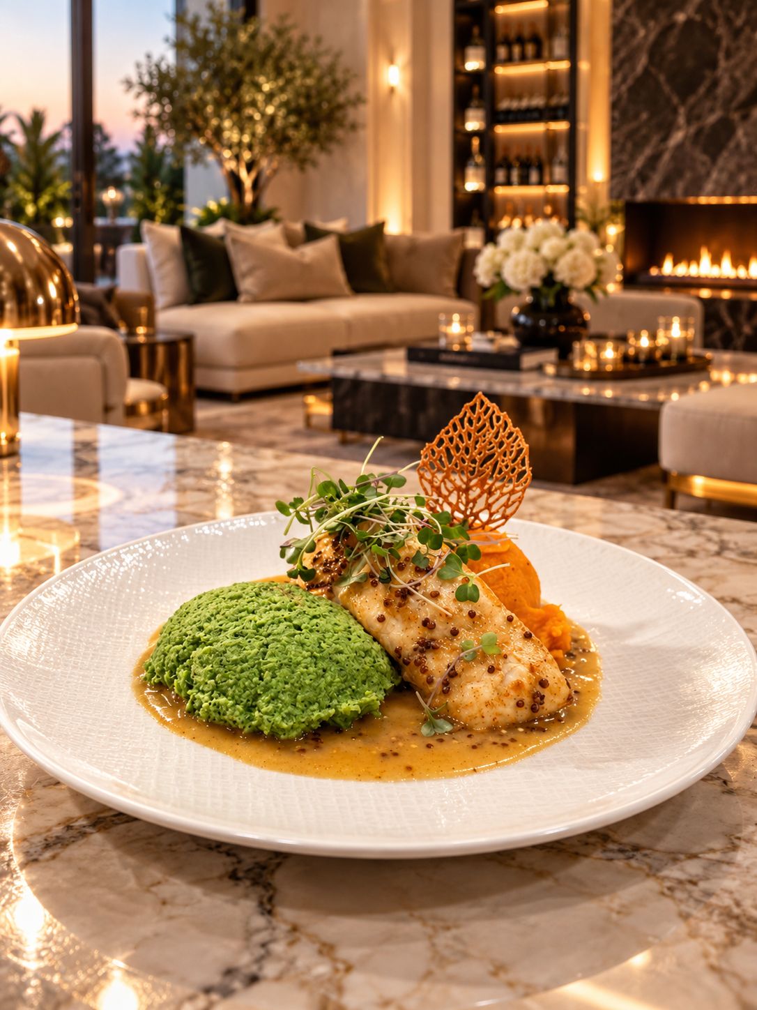 Seared white fish with pea purée and a lace tuile