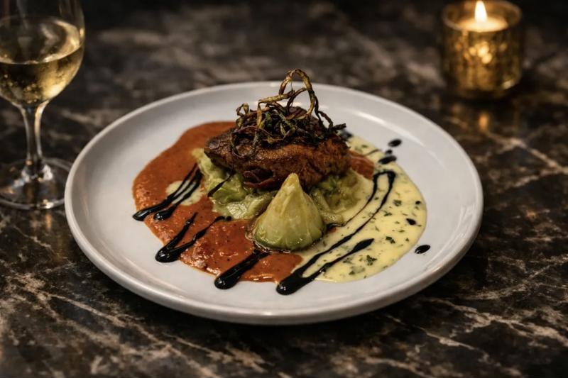 Crispy-skin fish with romesco, beurre blanc and braised cabbage