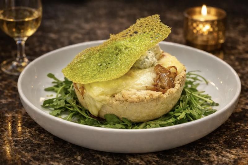 Caramelized onion tart with herb tuile