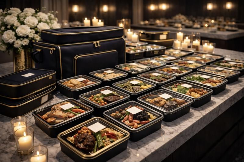 Luxury in-flight meal kits arranged on a marble counter