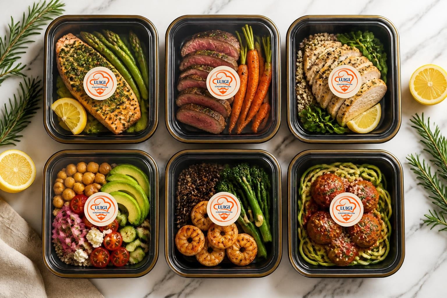 A week of Chef Luigi's meals in branded clear-lid containers: herb-crusted salmon, beef tenderloin, lemon chicken, a grain bowl, shrimp with wild rice and turkey meatballs