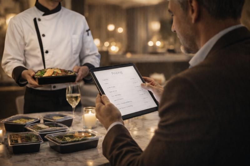 A client reviewing pricing on a tablet as the chef presents a dish