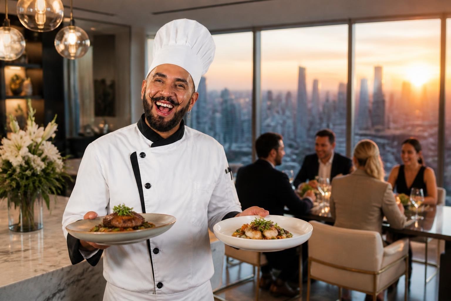 Chef Luigi presenting two plated salmon dinners at a candlelit table in a private home