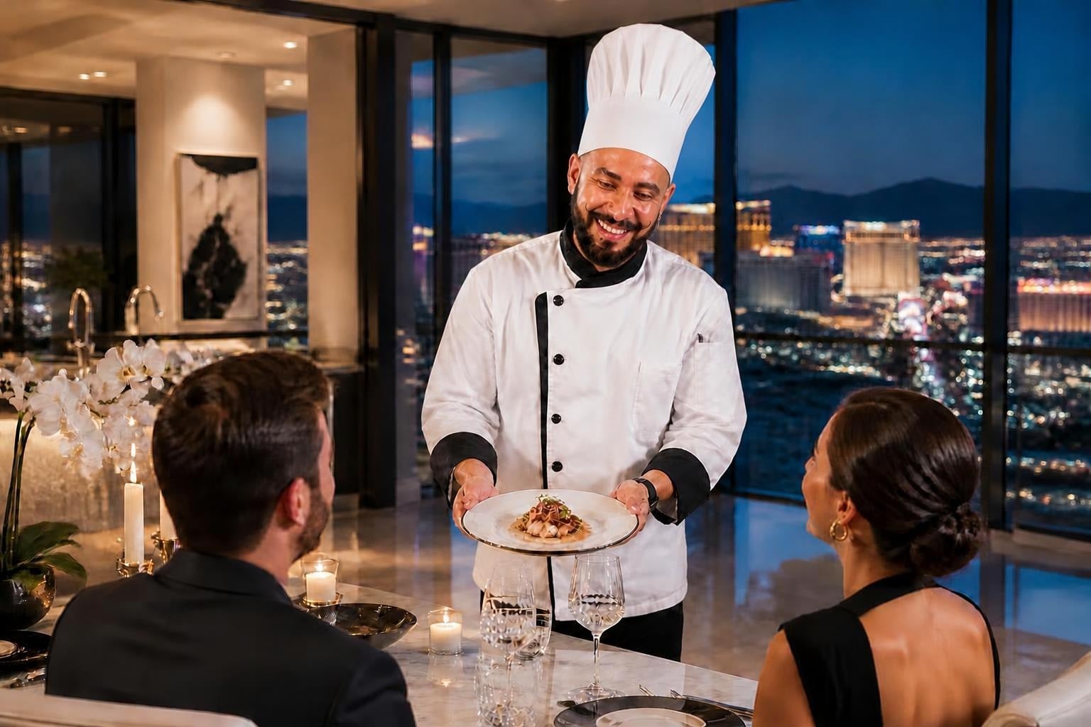 Chef Luigi smiling as he presents a plated dish to two guests at a private penthouse dinner