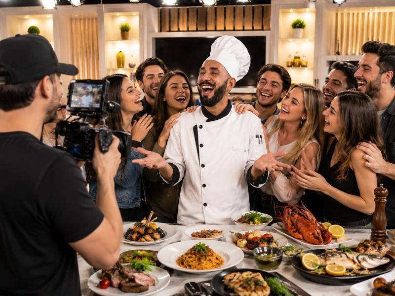 Chef Luigi laughing with a studio audience