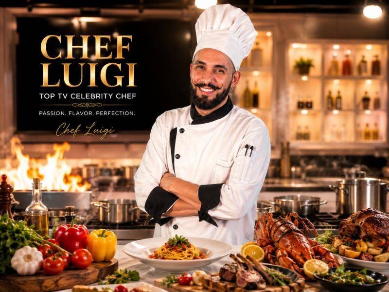 Chef Luigi with a spread of signature dishes