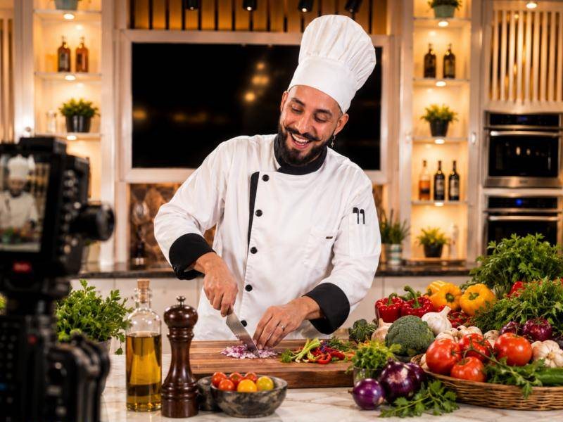 Chef Luigi chopping fresh vegetables on set