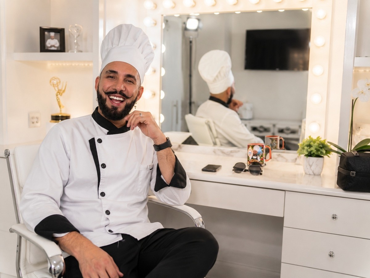 Chef Luigi in a dressing room before filming