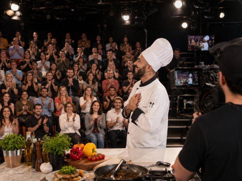 Chef Luigi thanking a live studio audience