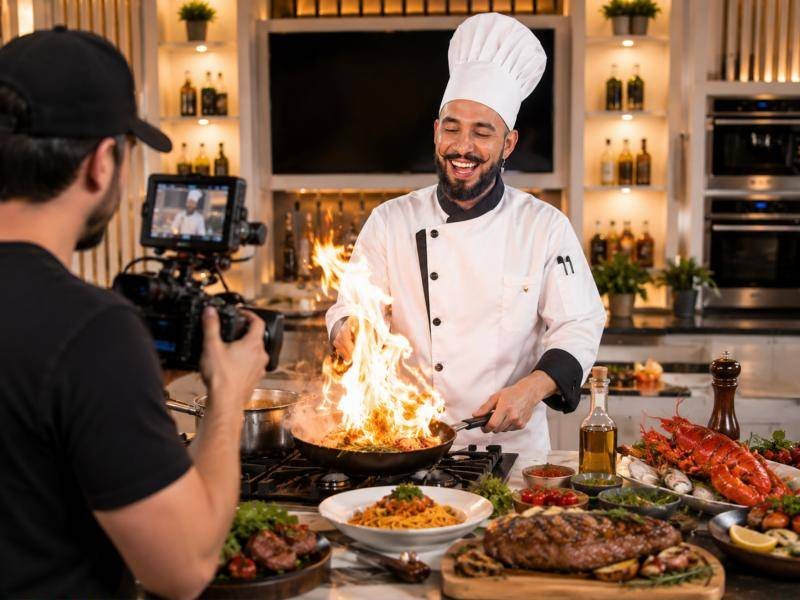 A cameraman filming Chef Luigi as he flambés on set
